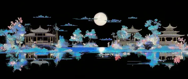 Night Scene Painting: Full Moon Over Island Pavilions and Trees