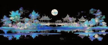 Chinese embroidery craft depicting an island with pavilions and trees, a blue sky, and a moon in the night sky. Aerial view, a watercolor illustration in the style of Kusama, with a black background, hyperreality, reflection, and bright light. The flowers are adorned with light silver-blue , rendered in super-detailed, high-resolution style.