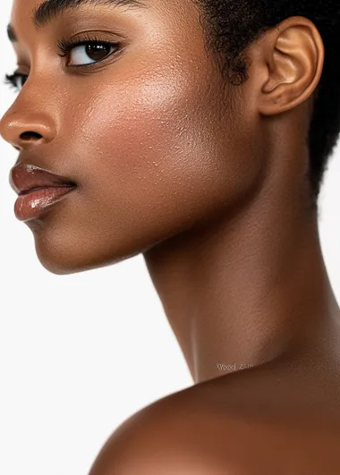 Close-up of a woman's shoulder, a skin care commercial, white background, beauty photography in the style of Pauline Leclerc for Vogue magazine "Wood". Skin tone, skin texture, light black hair color with highlights, skin details, minimal makeup, glossy skin, soft shadows, professional studio lighting, shot on a Sony Alpha A7 III, 35mm lens, f/2.0, shallow depth of field, shutter speed set to 1/4 second, aperture at f/8, ISO from 60 to 90.  --s 50