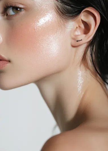 Close-up of a woman's shoulder, a skin care commercial, white background, beauty photography in the style of Pauline Leclerc for Vogue magazine "Wood". Skin tone, skin texture, light black hair color with highlights, skin details, minimal makeup, glossy skin, soft shadows, professional studio lighting, shot on a Sony Alpha A7 III, 35mm lens, f/2.0, shallow depth of field, shutter speed set to 1/4 second, aperture at f/8, ISO from 60 to 90.  --s 50