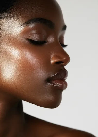 Close-up of a woman's shoulder, a skin care commercial, white background, beauty photography in the style of Pauline Leclerc for Vogue magazine "Wood". Skin tone, skin texture, light black hair color with highlights, skin details, minimal makeup, glossy skin, soft shadows, professional studio lighting, shot on a Sony Alpha A7 III, 35mm lens, f/2.0, shallow depth of field, shutter speed set to 1/4 second, aperture at f/8, ISO from 60 to 90.  --s 50