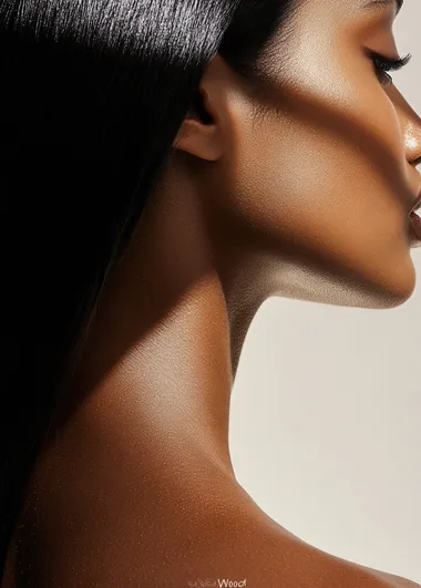 Close-up of a woman's shoulder, a skin care commercial, white background, beauty photography in the style of Pauline Leclerc for Vogue magazine "Wood". Skin tone, skin texture, light black hair color with highlights, skin details, minimal makeup, glossy skin, soft shadows, professional studio lighting, shot on a Sony Alpha A7 III, 35mm lens, f/2.0, shallow depth of field, shutter speed set to 1/4 second, aperture at f/8, ISO from 60 to 90.  --s 50