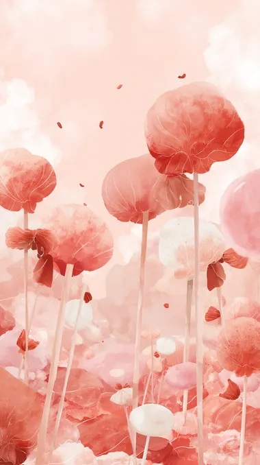 Giant lollipop flowers blooming in candy field, soft watercolor palette and dreamy vibe.,   splash, dust, blur   --raw