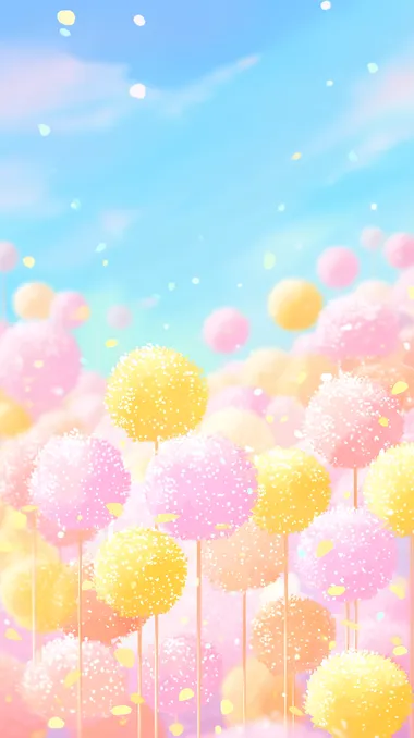 Giant lollipop flowers blooming in candy field, soft watercolor palette and dreamy vibe.,   splash, dust, blur   --raw