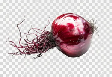 A beautiful red onion with shiny, smooth skin and detailed root fibers, rendered with high realism, isolated on a white background
