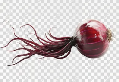 A beautiful red onion with shiny, smooth skin and detailed root fibers, rendered with high realism, isolated on a white background