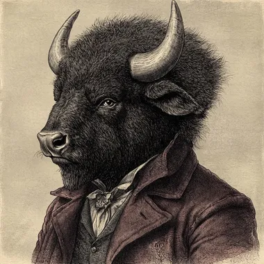 A vintage black-and-white engraving-style illustration of an American cowboy wearing a dark brown buffalo mask with realistic fur texture and imposing horns. He is dressed in a deep burgundy coat, adding a bold contrast to the monochrome engraving. The intricate details highlight his rugged facial features, classic cowboy attire, and Western accessories. The artwork has a timeless, 19th-century etching aesthetic, capturing the spirit of the Old West with a mysterious and powerful presence.