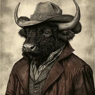 A vintage black-and-white engraving-style illustration of an American cowboy wearing a dark brown buffalo mask with realistic fur texture and imposing horns. He is dressed in a deep burgundy coat, adding a bold contrast to the monochrome engraving. The intricate details highlight his rugged facial features, classic cowboy attire, and Western accessories. The artwork has a timeless, 19th-century etching aesthetic, capturing the spirit of the Old West with a mysterious and powerful presence.