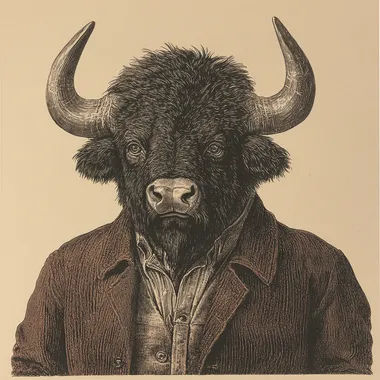 A vintage black-and-white engraving-style illustration of an American cowboy wearing a dark brown buffalo mask with realistic fur texture and imposing horns. He is dressed in a deep burgundy coat, adding a bold contrast to the monochrome engraving. The intricate details highlight his rugged facial features, classic cowboy attire, and Western accessories. The artwork has a timeless, 19th-century etching aesthetic, capturing the spirit of the Old West with a mysterious and powerful presence.