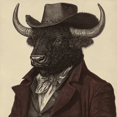 A vintage black-and-white engraving-style illustration of an American cowboy wearing a dark brown buffalo mask with realistic fur texture and imposing horns. He is dressed in a deep burgundy coat, adding a bold contrast to the monochrome engraving. The intricate details highlight his rugged facial features, classic cowboy attire, and Western accessories. The artwork has a timeless, 19th-century etching aesthetic, capturing the spirit of the Old West with a mysterious and powerful presence.
