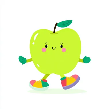 Vector, cute and simple, fat cartoon apple dancing, fat hands, wearing colorful shoes, white background, bright colors, simple details, minimalism, simple design style, children's book illustration style