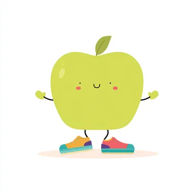 Vector, cute and simple, fat cartoon apple dancing, fat hands, wearing colorful shoes, white background, bright colors, simple details, minimalism, simple design style, children's book illustration style
