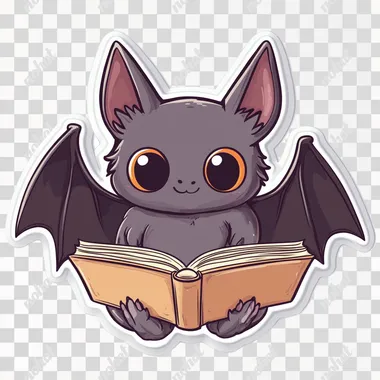 Cute Bat Reading Kawaii Sticker, vector, white background