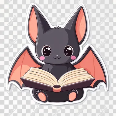 Cute Bat Reading Kawaii Sticker, vector, white background