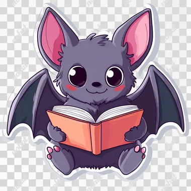 Cute Bat Reading Kawaii Sticker, vector, white background