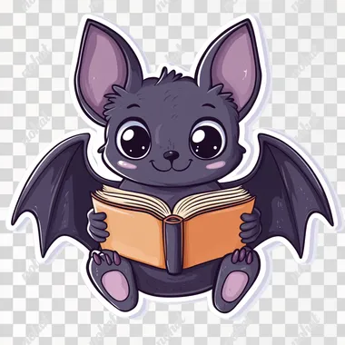 Cute Bat Reading Kawaii Sticker, vector, white background
