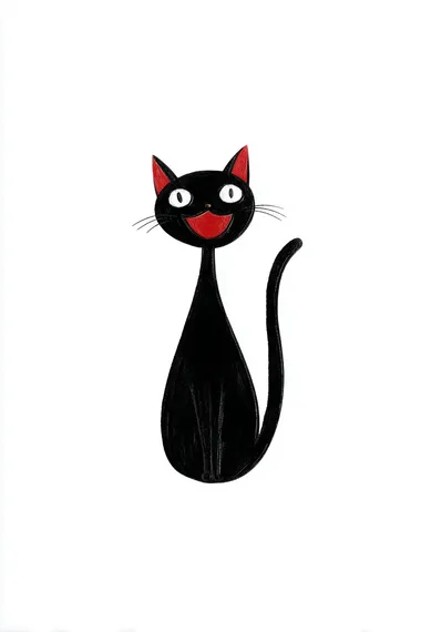 flat vector,minimal details, happy tempera gouache, black cat drawing on blank background, in the art style of japanese vintage 80's kawaiicore, cute illustrations, bold color palette, gouache, romanticized happy wonderful life, wimmelbilder, pont-aven school, isolated by white background