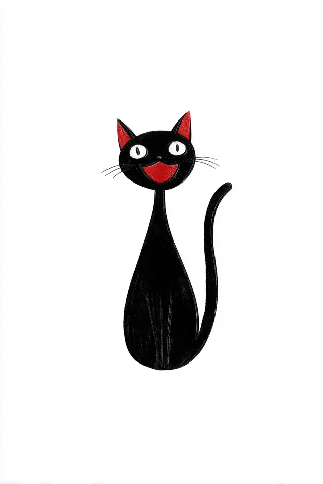 Happy Black Cat Illustration in Kawaii Style