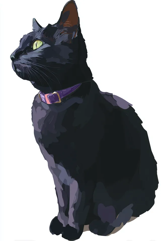 Kawaii Black Cat Illustration in Gouache Style