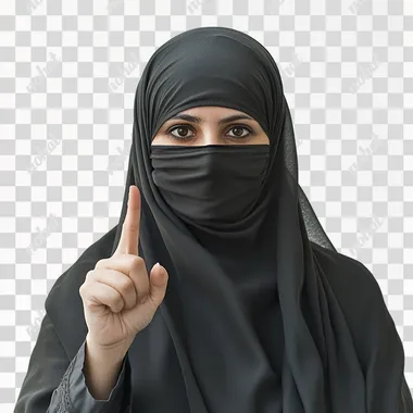A female radical islamist in full niqab, finger pointed up, photorealistic, white background, modern