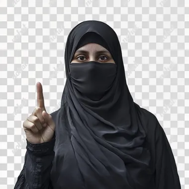 A female radical islamist in full niqab, finger pointed up, photorealistic, white background, modern