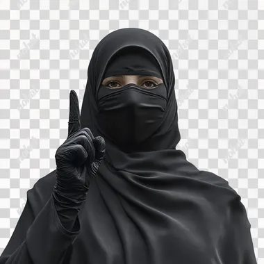 A female radical islamist in full niqab, finger pointed up, photorealistic, white background, modern