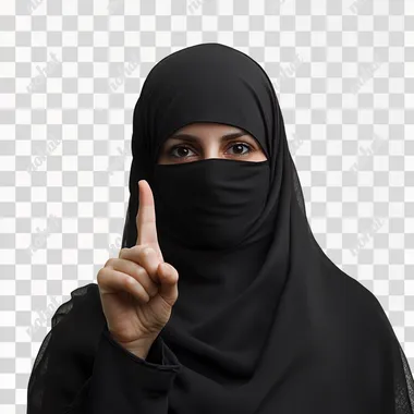 A female radical islamist in full niqab, finger pointed up, photorealistic, white background, modern