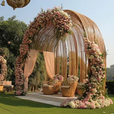 a parobolic structure for a bridal mehindi event for an amazing decoration with flowers and pampass grass , the structure resembles a paraetric oval