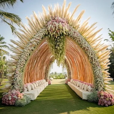 a parobolic structure for a bridal mehindi event for an amazing decoration with flowers and pampass grass , the structure resembles a paraetric oval