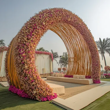 a parobolic structure for a bridal mehindi event for an amazing decoration with flowers and pampass grass , the structure resembles a paraetric oval