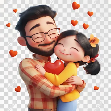 Disney animation style, 3D pixar render, cartoon, bursts of laughter, heart, smiley, peace & love, cute, family, moments of sharing, tenderness and affection, warm sunshine, warming hearts, shared happiness, sometimes replacing characters with heart, flower, or butterfly symbols, full body, empty white background
