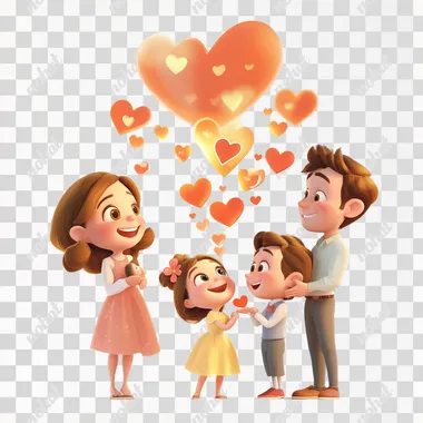 Disney animation style, 3D pixar render, cartoon, bursts of laughter, heart, smiley, peace & love, cute, family, moments of sharing, tenderness and affection, warm sunshine, warming hearts, shared happiness, sometimes replacing characters with heart, flower, or butterfly symbols, full body, empty white background