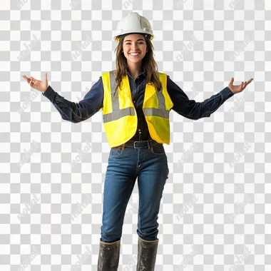 young technical woman dressed in dark blue shirt, yellow safety vest, blue jeans, black boots and safety helmet happy mode, white background