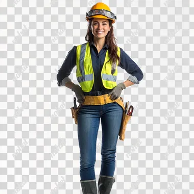 young technical woman dressed in dark blue shirt, yellow safety vest, blue jeans, black boots and safety helmet happy mode, white background
