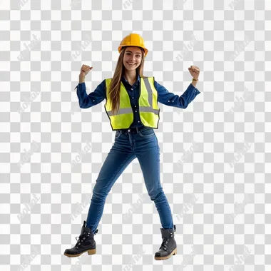 young technical woman dressed in dark blue shirt, yellow safety vest, blue jeans, black boots and safety helmet happy mode, white background