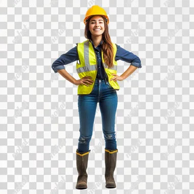 young technical woman dressed in dark blue shirt, yellow safety vest, blue jeans, black boots and safety helmet happy mode, white background