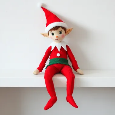 stuffed elf sitting left side on a shelf on white background