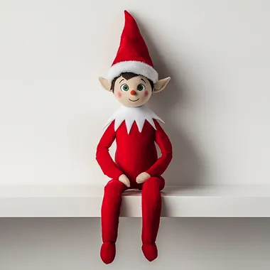 stuffed elf sitting left side on a shelf on white background