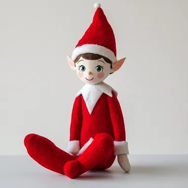 stuffed elf sitting left side on a shelf on white background