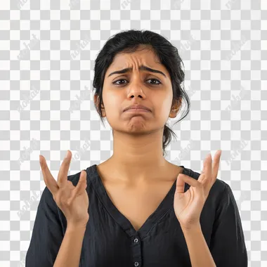 a stressed Indian women with hand gesture and light expression, white background, half body shot