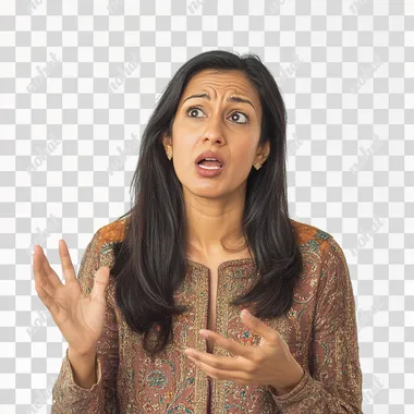 a stressed Indian women with hand gesture and light expression, white background, half body shot