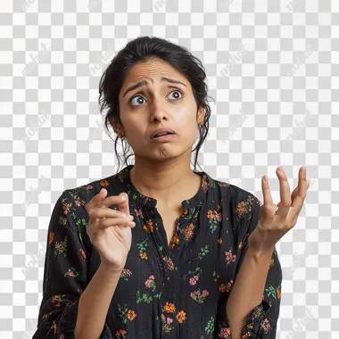 a stressed Indian women with hand gesture and light expression, white background, half body shot