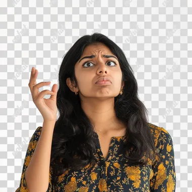 a stressed Indian women with hand gesture and light expression, white background, half body shot