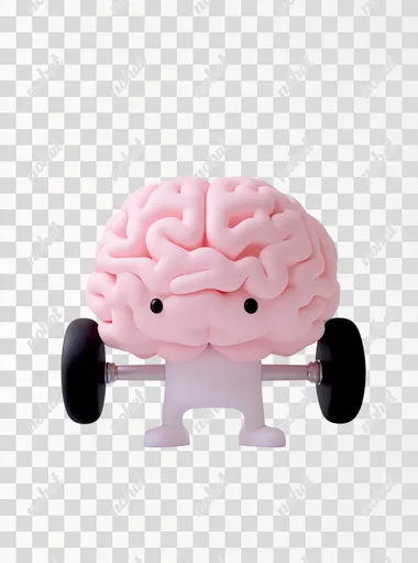 A cute, pink brain lifting weights against a white background, in a 3D rendering style with a simple design and minimal details.