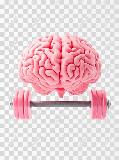 A cute, pink brain lifting weights against a white background, in a 3D rendering style with a simple design and minimal details.