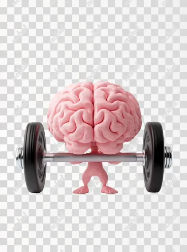 A cute, pink brain lifting weights against a white background, in a 3D rendering style with a simple design and minimal details.