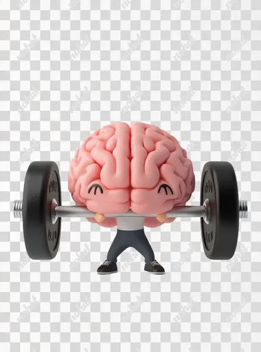 A cute, pink brain lifting weights against a white background, in a 3D rendering style with a simple design and minimal details.