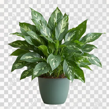 A potted Chinese evergreen plant with dark green leaves and white spots, against a clean white background. The plant is in the center of the frame, with its pot visible at the bottom. It is placed on an isolated surface, giving it space to stand out. --s 750