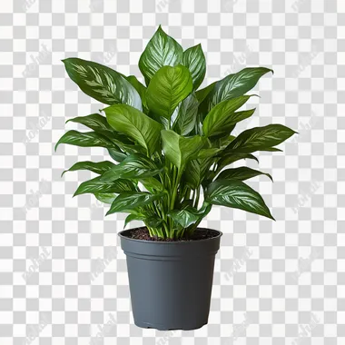 A potted Chinese evergreen plant with dark green leaves and white spots, against a clean white background. The plant is in the center of the frame, with its pot visible at the bottom. It is placed on an isolated surface, giving it space to stand out. --s 750
