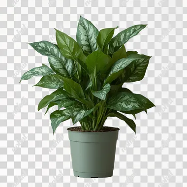 A potted Chinese evergreen plant with dark green leaves and white spots, against a clean white background. The plant is in the center of the frame, with its pot visible at the bottom. It is placed on an isolated surface, giving it space to stand out. --s 750